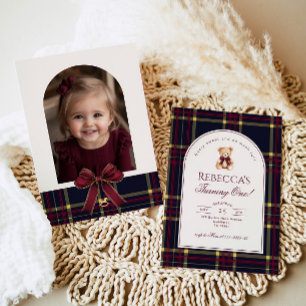 Teddy Bear Girl 1st Birthday Preppy Plaid Birthday Invitation