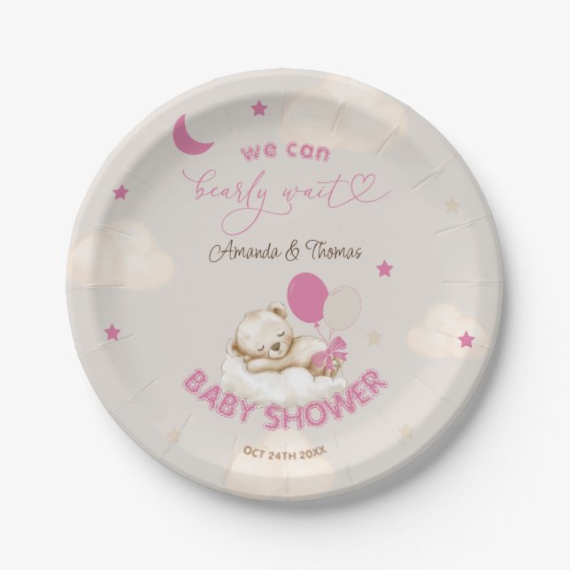Teddy Bear Girl Baby Shower Blush Pink Paper Plate (Front)