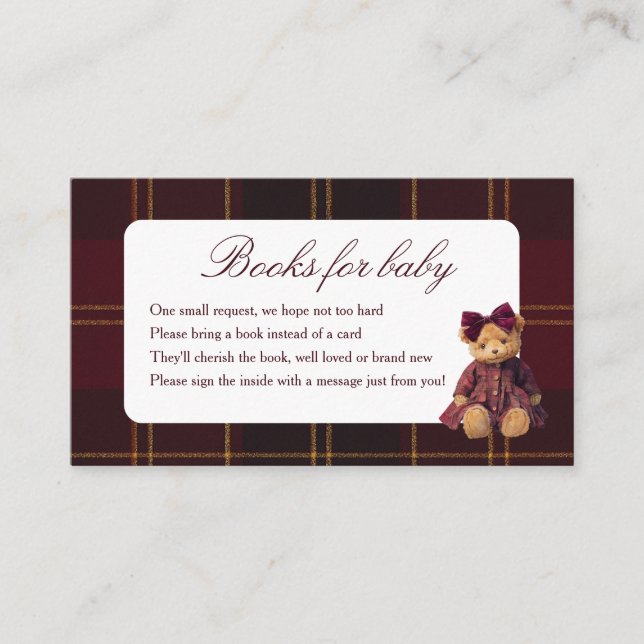 Teddy Bear Girl Baby Shower Books For Baby Enclosure Card (Front)