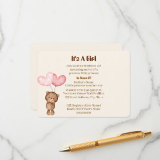 Teddy Bear Girl Baby Shower Card invitation