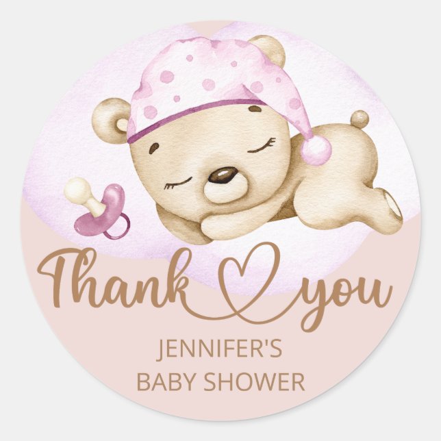 Teddy Bear Girl Baby Shower Classic Round Sticker (Front)