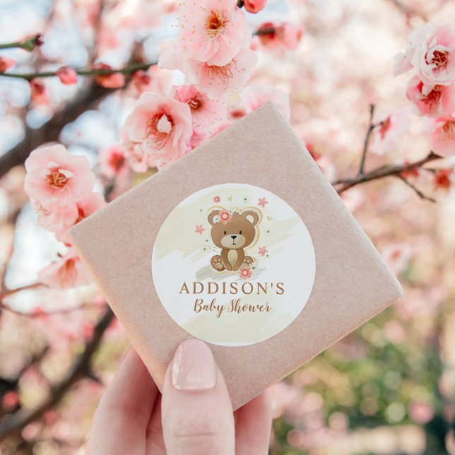 Teddy Bear Girl Baby Shower Classic Round Sticker (Creator Uploaded)