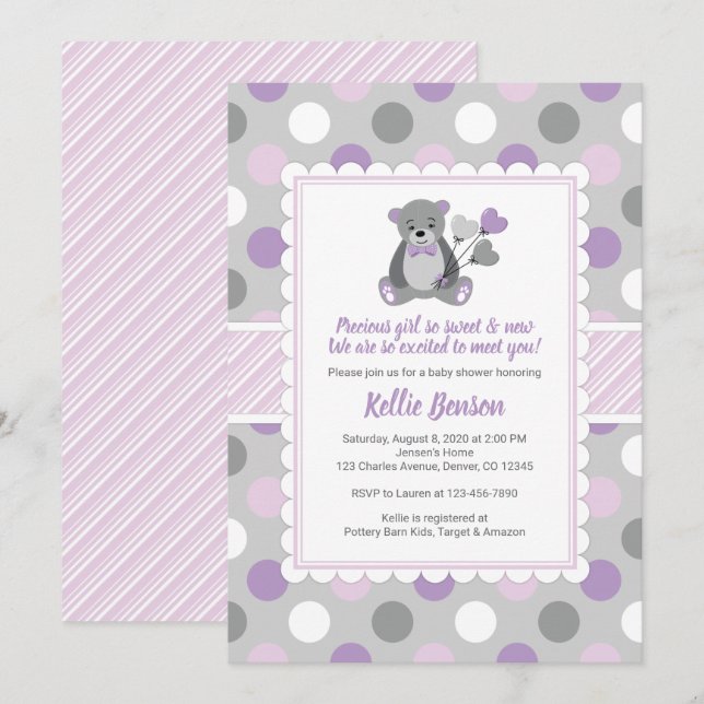 Teddy bear girl baby shower invitation purple grey (Front/Back)