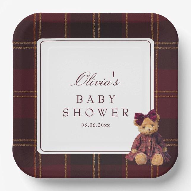 Teddy Bear Girl Baby Shower Paper Plate (Front)