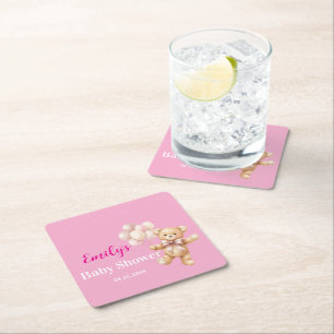 Teddy bear girl Baby Shower Square Paper Coaster