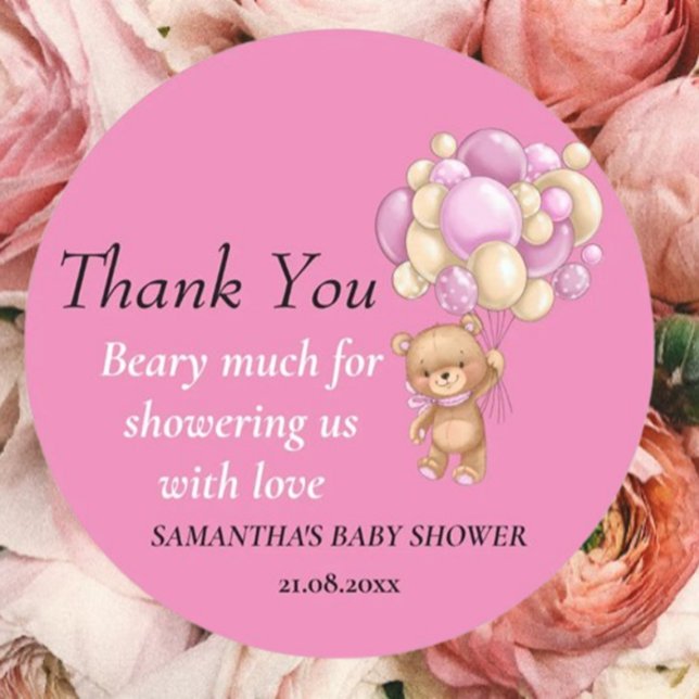 Teddy Bear Girl Baby Shower Thank Theme Classic Round Sticker (Express heartfelt gratitude with our adorable teddy bear)