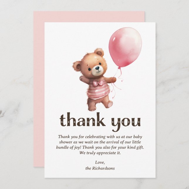 Teddy Bear Girl Baby Shower Thank You Card (Front/Back)