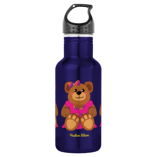 Teddy Bear Girl Cute Kids Water Bottle with Name (Front)
