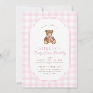 Teddy Bear Girl First Birthday Party Invitation