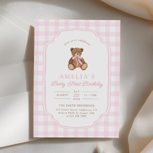 Teddy Bear Girl First Birthday Party Invitation