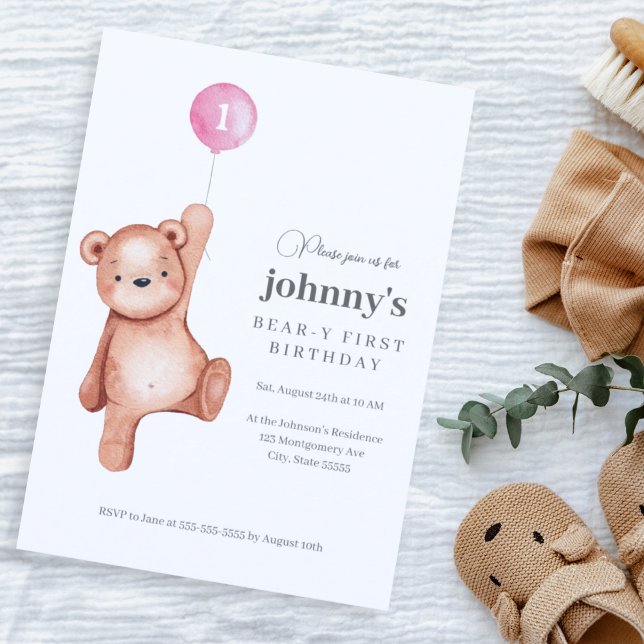 Teddy Bear Girl First Birthday Party Invitation (Creator Uploaded)