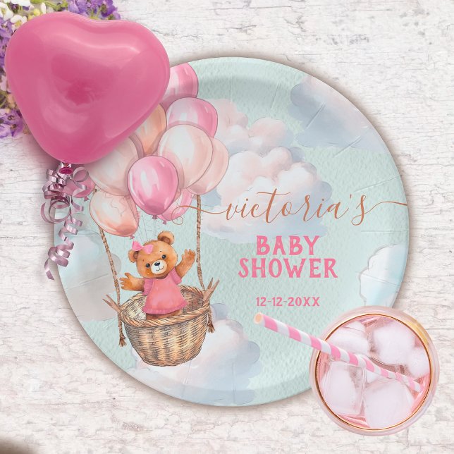 Teddy Bear Girl Hot Air Balloon Baby Shower Paper Plate (Matching invitations available)