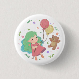 Teddy Bear & Girl Illustration 3 Cm Round Badge