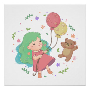 Teddy Bear & Girl Illustration Poster