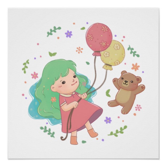 Teddy Bear & Girl Illustration Poster (Front)