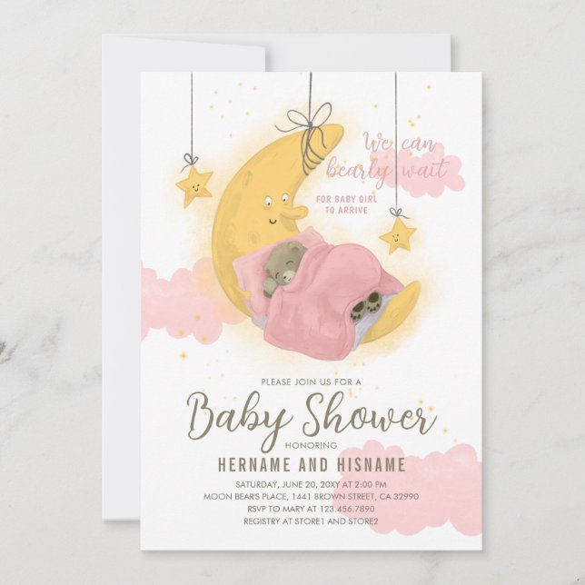 Teddy Bear Girl Moon Stars Blush Pink Baby Shower Invitation (Front)