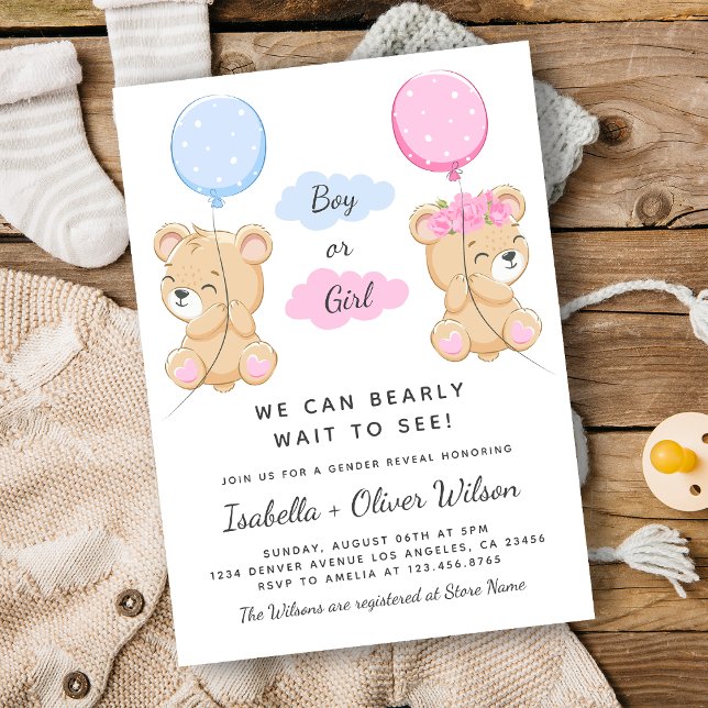 Teddy Bear Girl or Boy Theme Gender Reveal Party Invitation (Teddy Bear Girl or Boy Theme Gender Reveal Party Invitation)