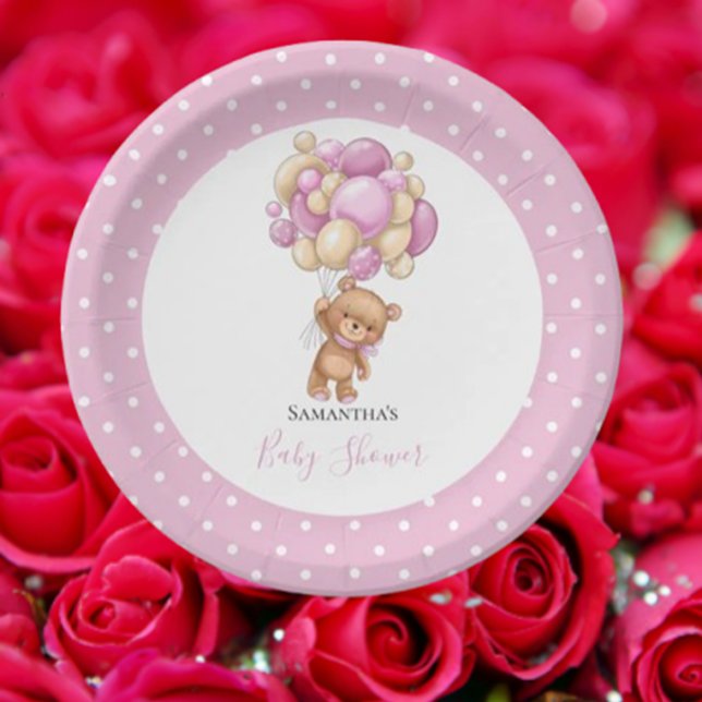 Teddy Bear Girl Pink Balloons   Paper Plate (Celebrate our little Teddy’s special day! Join us for fun moments, sweet memories, and lots of cake)
