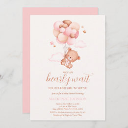 Teddy Bear Girl Pink Bearly Wait Baby Shower Invitation