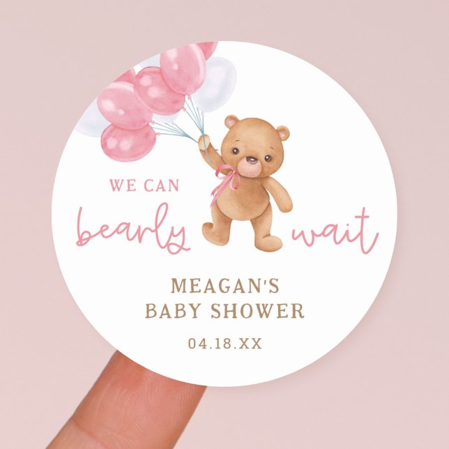 Teddy Bear Girl We Can Bearly Wait Baby Shower Classic Round Sticker (Creator Uploaded)