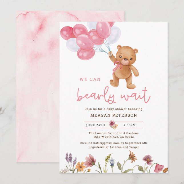 Teddy Bear Girl We Can Bearly Wait Baby Shower Invitation (Front/Back)