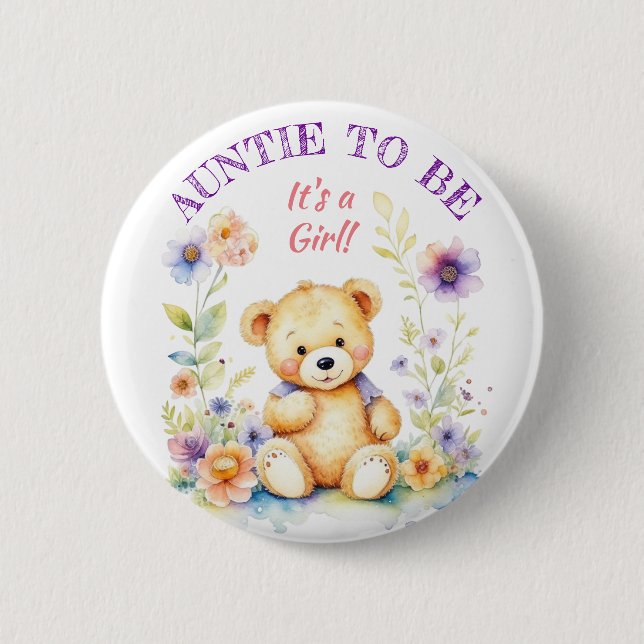 Teddy Bear Girl's Baby Shower Auntie to Be 6 Cm Round Badge (Front)