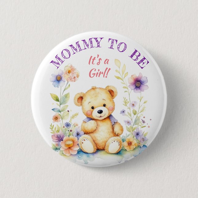 Teddy Bear Girl's Baby Shower Mum to Be 6 Cm Round Badge (Front)