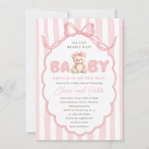 Teddy Bear Girls Pink Bow Baby Shower Invitation