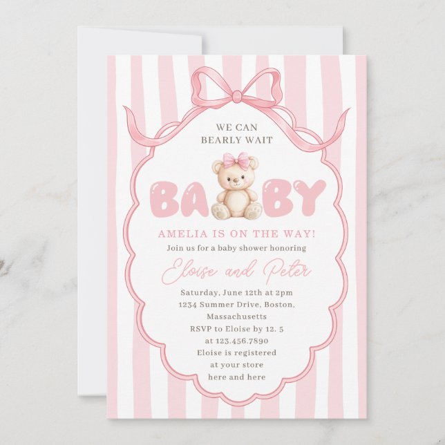 Teddy Bear Girls Pink Bow Baby Shower Invitation (Front)