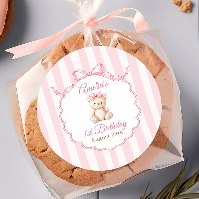 Teddy Bear Girls Pink Bow Stripes 1st Birthday Classic Round Sticker (Creator Uploaded)