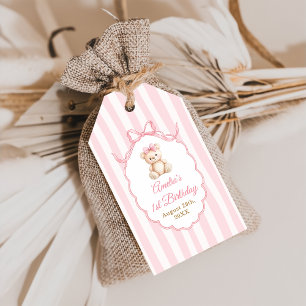 Teddy Bear Girls Pink Bow Stripes 1st Birthday Gift Tags