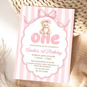 Teddy Bear Girls Pink Bow Stripes 1st Birthday Invitation