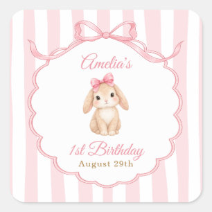 Teddy Bear Girls Pink Bow Stripes 1st Birthday Square Sticker
