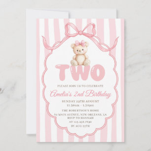 Teddy Bear Girls Pink Bow Stripes 2nd Birthday Invitation