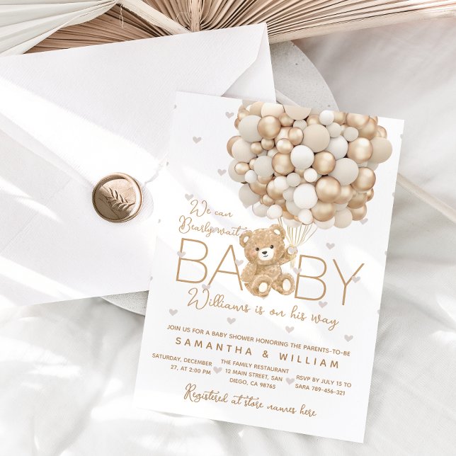 Teddy Bear Gold Balloon Gender Neutral Baby Shower Invitation (Creator Uploaded)