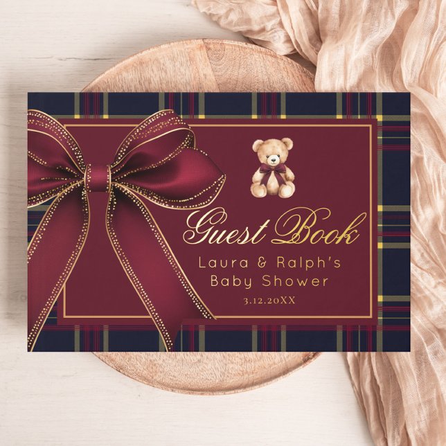 Teddy Bear Gold Bow Classic Plaid Baby Shower Guest Book (Creator Uploaded)