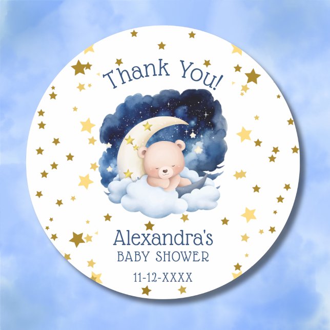 Teddy Bear Gold Stars Moon Baby Shower Thank You Classic Round Sticker (Creator Uploaded)