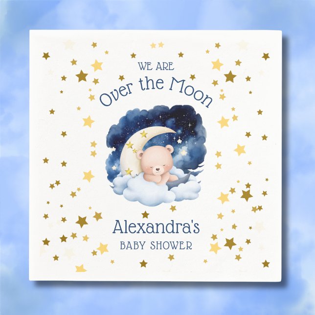 Teddy Bear Gold Stars Over the Moon Baby Shower Napkin (Creator Uploaded)