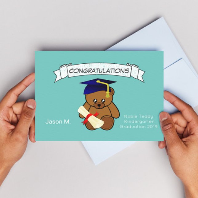 teddy bear graduation in neon light teal postcard (Creator Uploaded)