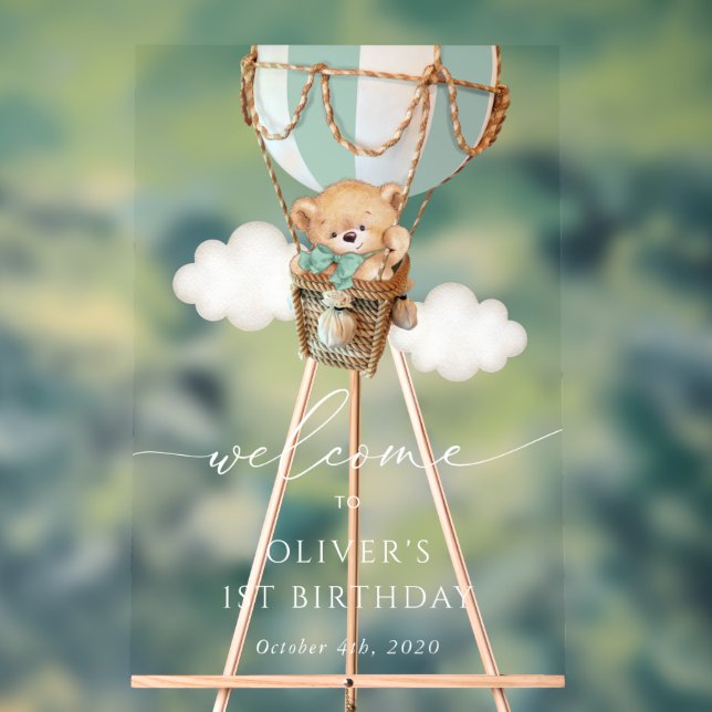 Teddy Bear, Green Balloon, First Birthday Welcome Acrylic Sign (Neutral)