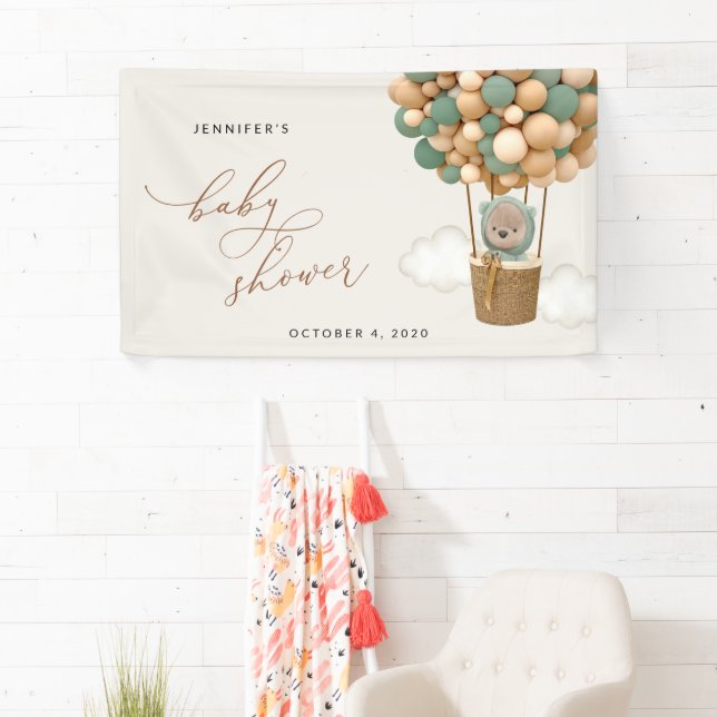 Teddy Bear, Green Balloons, Baby Shower Welcome Banner (Insitu)