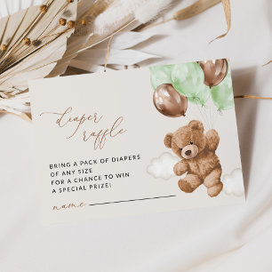 Teddy Bear, Green Balloons, Diaper Raffle Enclosure Card