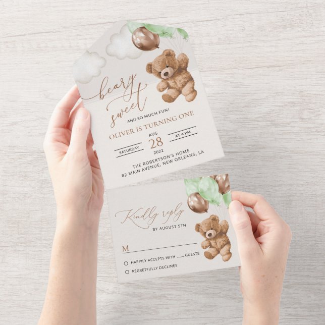 Teddy Bear, Green Balloons, First Birthday All In One Invitation (Tearaway)