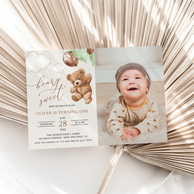 Teddy Bear, Green Balloons, First Birthday Invitation (Creator Uploaded)