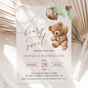 Teddy Bear, Green Balloons, First Birthday Invitation