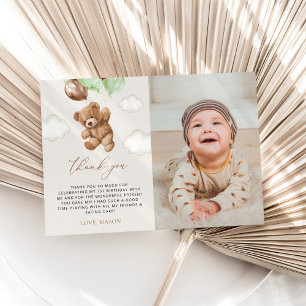 Teddy Bear, Green Balloons, First Birthday Thank You Card