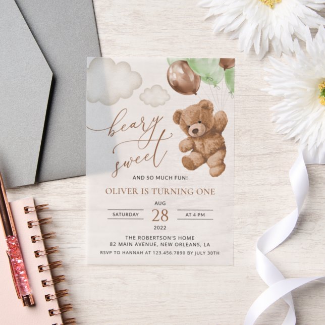 Teddy Bear, Green Balloons, First Birthday Vellum Invitations (Wedding)