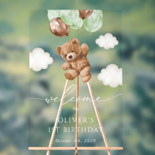 Teddy Bear, Green Balloons, First Birthday Welcome Acrylic Sign