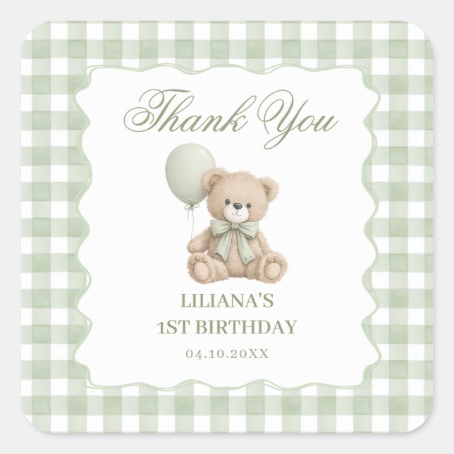 Teddy Bear Green Birthday  Square Sticker (Front)