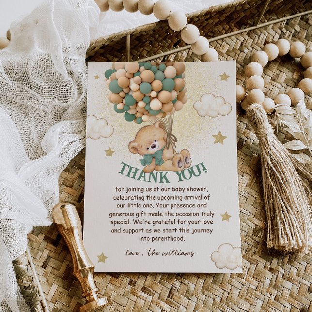 Teddy Bear Green Brown Baby Shower Thank You Card (Creator Uploaded)